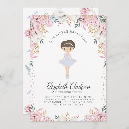 私たちのリトルバレリーナ誕生日カード 招待状 (正面/裏面)