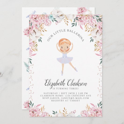私たちのリトルバレリーナ誕生日カード 招待状 (正面/裏面)