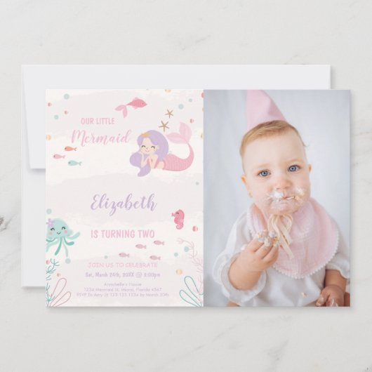 私たちのリトルピンクマーメイド誕生日招待状とP 招待状 (正面)