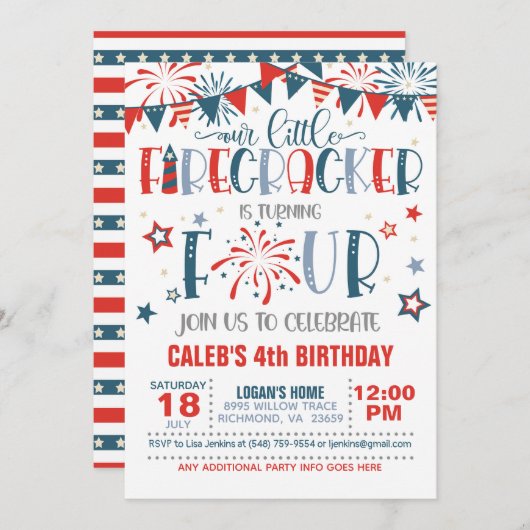 私たちのリトルフィレクラッカー4th誕生日招待状 招待状 (正面/裏面)