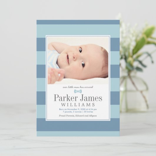 私たちのリトルマンアクアブルーハンサム男の赤ちゃん誕生 案内状 (スタンド正面)