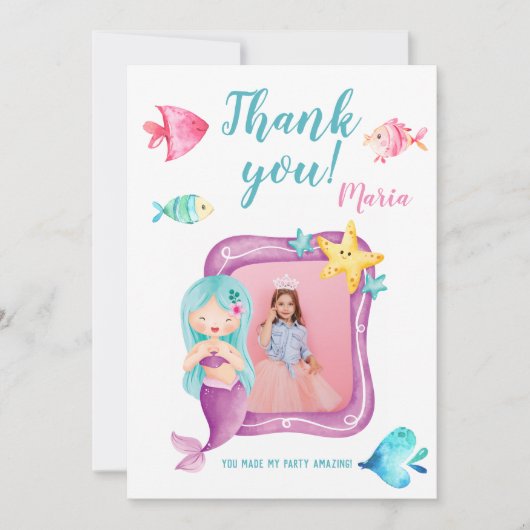 私たちのリトルマーメイドの写真の誕生日感謝カード 招待状 (正面)