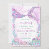 私たちのリトルマーメイドパープルティール(緑がかった色)誕生日 招待状 (正面)