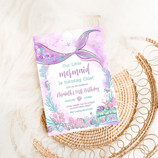 私たちのリトルマーメイドパープルティール(緑がかった色)誕生日 招待状
