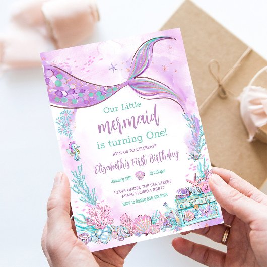私たちのリトルマーメイドパープルティール(緑がかった色)誕生日 招待状