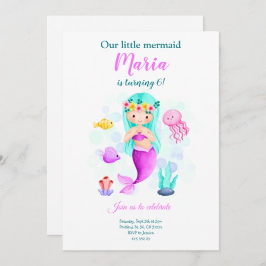 私たちのリトルマーメイド海ガール誕生日招待状 招待状 (正面/裏面)