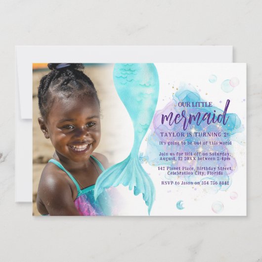 私たちのリトルマーメイド フォト誕生日パーティー招待状 招待状 (正面)