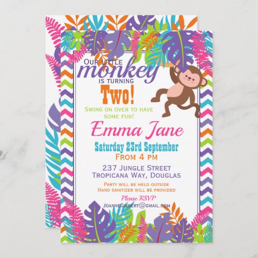 私たちのリトルモンキー子供の誕生日パーティー 招待状 (正面/裏面)