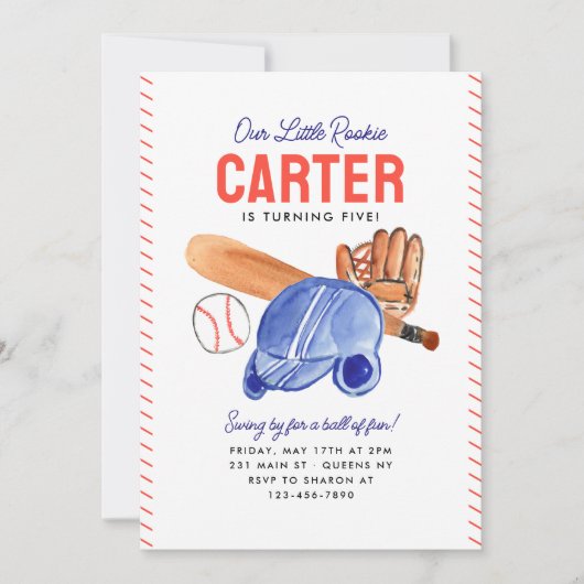 私たちのリトルルーキーヘルメットこうもり野球誕生日 招待状 (正面)