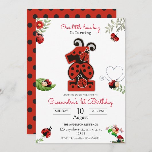 私たちのリトルレディーガールレディバグ1st誕生日パーティー 招待状 (正面/裏面)