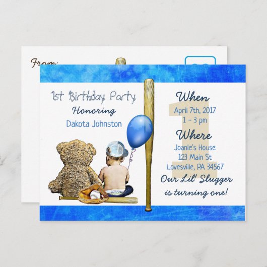 私たちのリル・スラッガーボーイとテディベアの最初の誕生日 インビテーションポストカード (正面/裏面)