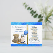 私たちのリル・スラッガーボーイとテディベアの最初の誕生日 インビテーションポストカード (スタンド正面)