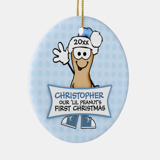 私たちのリル・ピーナッツの初めてのクリスマス（青） セラミックオーナメント (右)