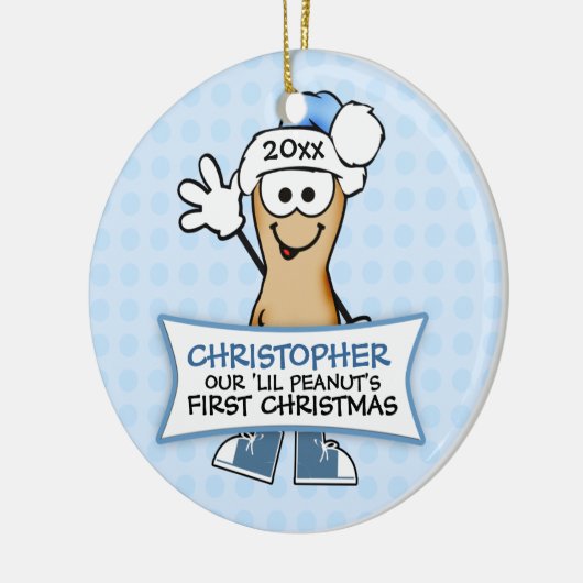 私たちのリル・ピーナッツの初めてのクリスマス（青） セラミックオーナメント (左)