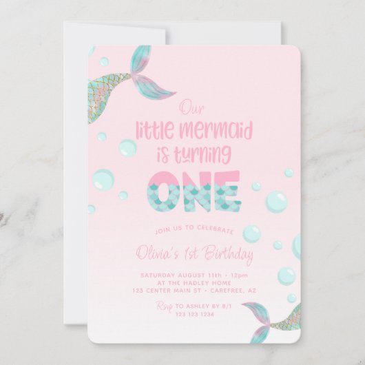 私たちの人魚は1ピンクの1歳の誕生日である 招待状 (正面)