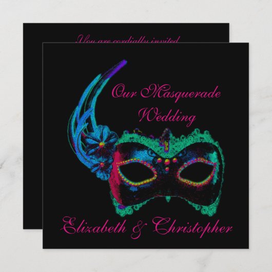 「私たちの仮面の結婚式」- 青とピンク 招待状 (正面/裏面)