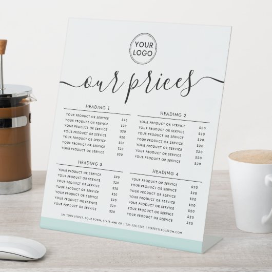 私たちの価格ロゴ軽いアクア縁どブルー価格表 台座サイン (インサイチュ)