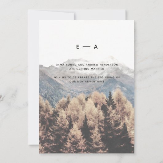 私たちの冒険が始まる自然の山 松の木の風景 招待状 (正面)