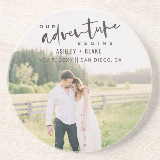 私たちの冒険が開始スクリプト写真の日付を保存 コースター (正面)