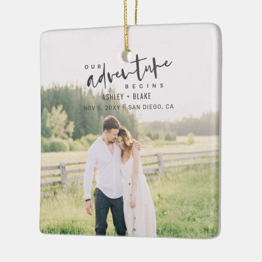 私たちの冒険が開始スクリプト写真の日付を保存 セラミックオーナメント (左)