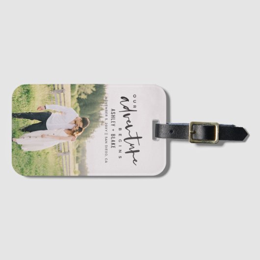 私たちの冒険が開始スクリプト写真の日付を保存 ラゲッジタグ (正面横)