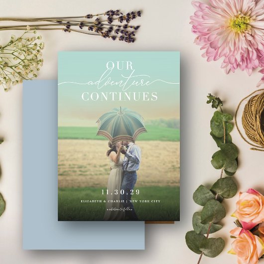 私たちの冒険はシックなクラシックのスクリプト写真を続ける セーブザデート