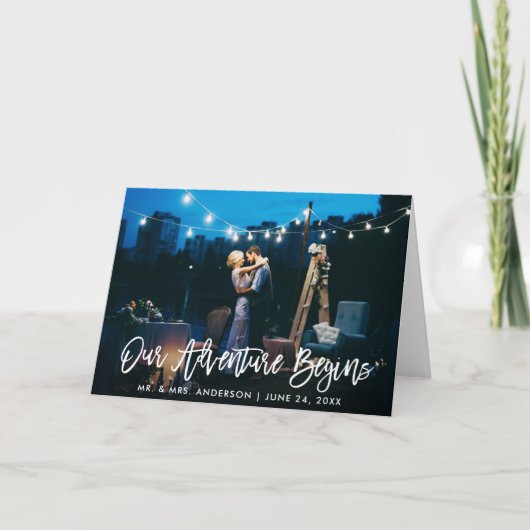 私たちの冒険はブラシスクリプトのフォールド結婚を開始する サンキューカード (正面)