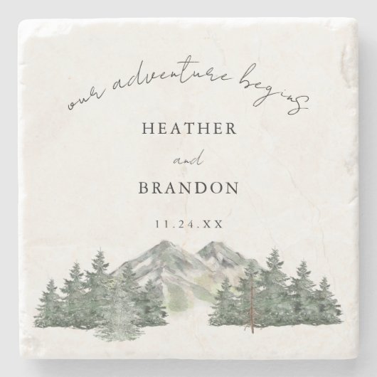 私たちの冒険は山の結婚式の引き出物を始める ストーンコースター (正面)