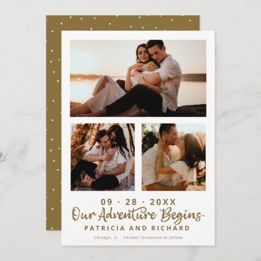 私たちの冒険は日付3の写真を保存して開始 招待状 (正面/裏面)