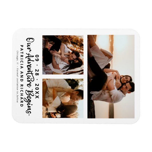私たちの冒険は結婚式を始める日付3の写真を保存 マグネット (横)