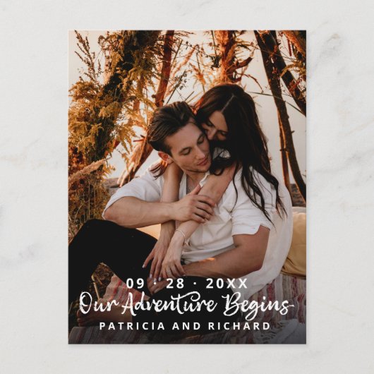私たちの冒険は結婚式を開始する日付写真を保存 ポストカード (正面)