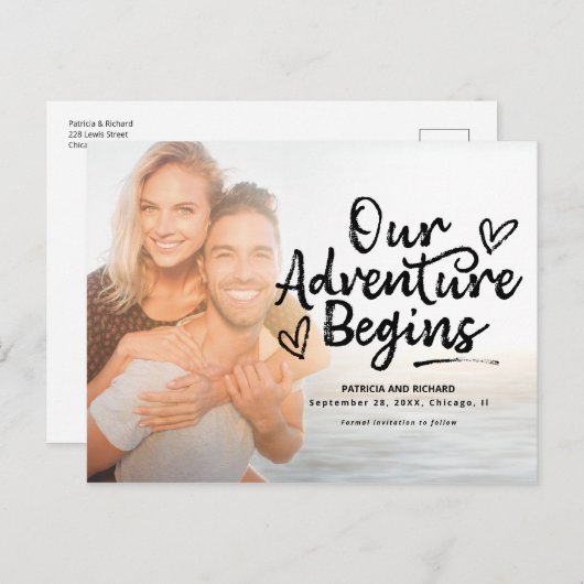 私たちの冒険は結婚式を開始する日付写真を保存 ポストカード (正面/裏面)