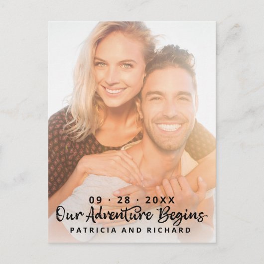 私たちの冒険は結婚式を開始する日付写真を保存 ポストカード (正面)