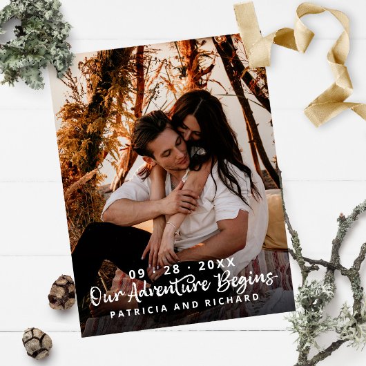私たちの冒険は結婚式を開始する日付写真を保存 ポストカード