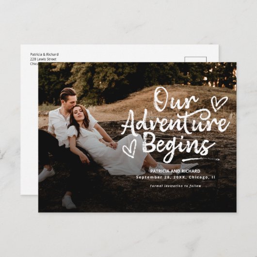 私たちの冒険は結婚式を開始する日付写真を保存 ポストカード (正面/裏面)