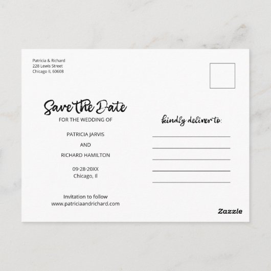 私たちの冒険は結婚式を開始する日付写真を保存 ポストカード (裏面)