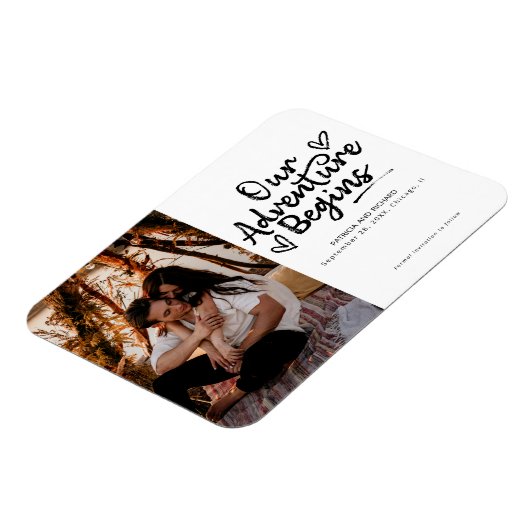 私たちの冒険は結婚式を開始する日付写真を保存 マグネット (左側)