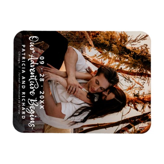 私たちの冒険は結婚式を開始する日付写真を保存 マグネット (横)