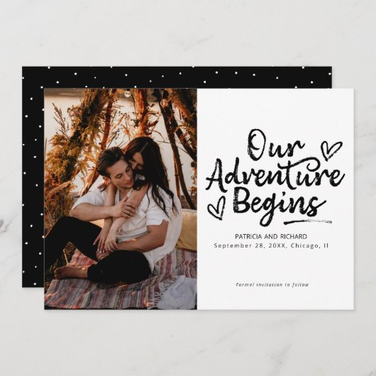 私たちの冒険は結婚式を開始する日付写真を保存 招待状 (正面/裏面)