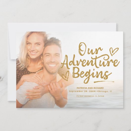 私たちの冒険は結婚式を開始する日付写真を保存 招待状 (正面)