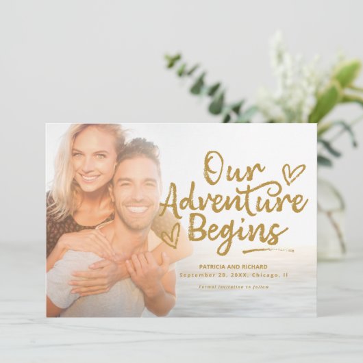 私たちの冒険は結婚式を開始する日付写真を保存 招待状 (スタンド正面)
