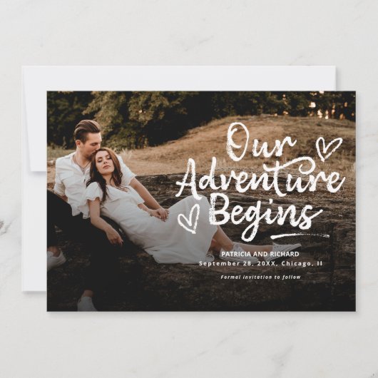 私たちの冒険は結婚式を開始する日付写真を保存 招待状 (正面)