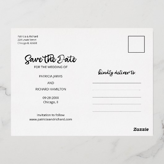 私たちの冒険は結婚式を開始する日付写真を保存 箔シーズンポストカード (裏面)