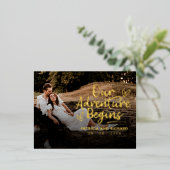 私たちの冒険は結婚式を開始する日付写真を保存 箔シーズンポストカード (立ち正面)