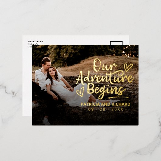 私たちの冒険は結婚式を開始する日付写真を保存 箔シーズンポストカード (正面/裏面)