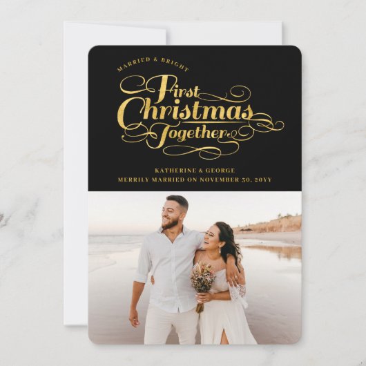 私たちの初めてのクリスマスが一緒にゴールデンスクリプトフォト シーズンカード (正面)