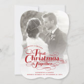 私たちの初めてのクリスマスが一緒に白いスクリプトの写真 シーズンカード (正面)