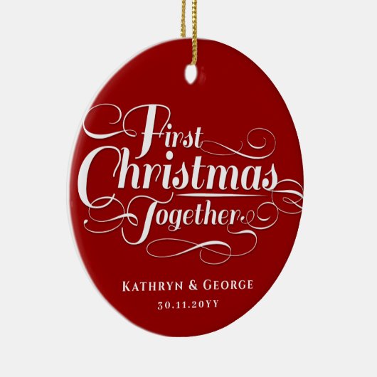 私たちの初めてのクリスマスが一緒に白いスクリプトの写真 セラミックオーナメント (右)