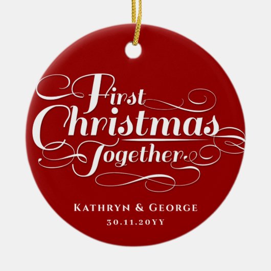 私たちの初めてのクリスマスが一緒に白いスクリプトの写真 セラミックオーナメント (正面)