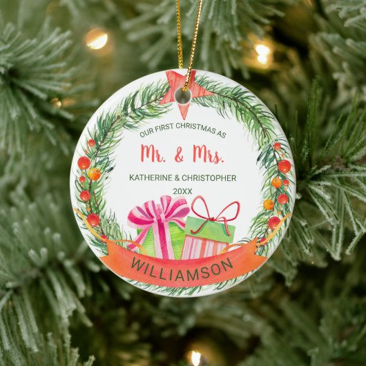 私たちの初めてのクリスマスさんそしてミセス |かわいらしリース セラミックオーナメント (ツリー)